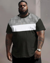 Men's Large Size Simple Plaid Color-block Round Neck Short-sleeve T-shirt